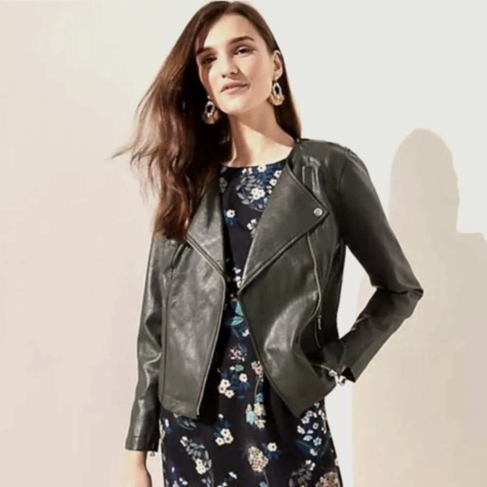 Loft Vegan Leather Dark Army Green Moto Women's Jacket - Size 4